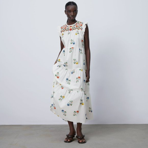 Zara White Embroidered floral Midi peasant Dress. - Picture 7 of 16